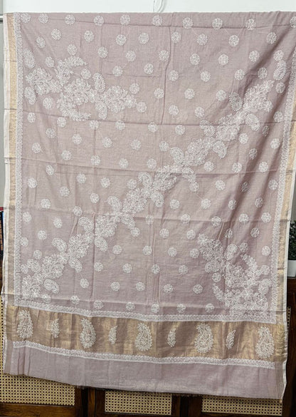 Firgun Rosy Brown Lucknowi Chikankari Mul Cotton Saree with Unstitched Blouse Piece