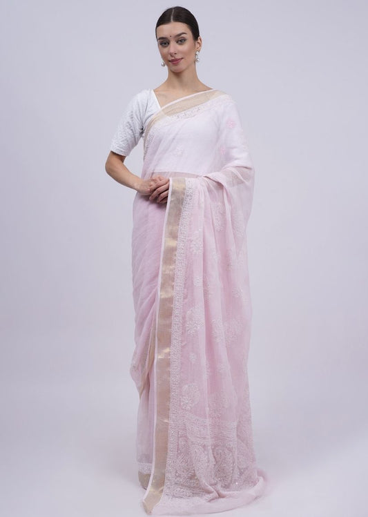 Firgun Baby Pink Lucknowi Chikankari Kota Doria Saree with Unstitched Blouse Piece