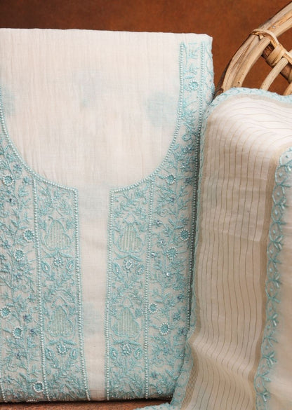 Firgun White & Turquoise Lucknowi Chikankari Mul Chanderi Unstitched Kurta & Dupatta Set