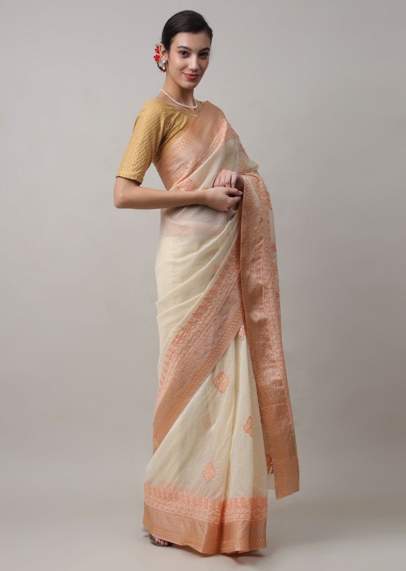 Firgun Beige Lucknowi Chikankari Cotton Saree with Unstitched Blouse Piece