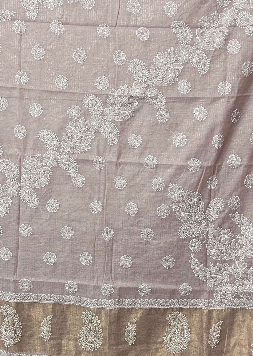 Firgun Rosy Brown Lucknowi Chikankari Mul Cotton Saree with Unstitched Blouse Piece