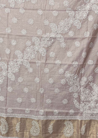 Firgun Rosy Brown Lucknowi Chikankari Mul Cotton Saree with Unstitched Blouse Piece