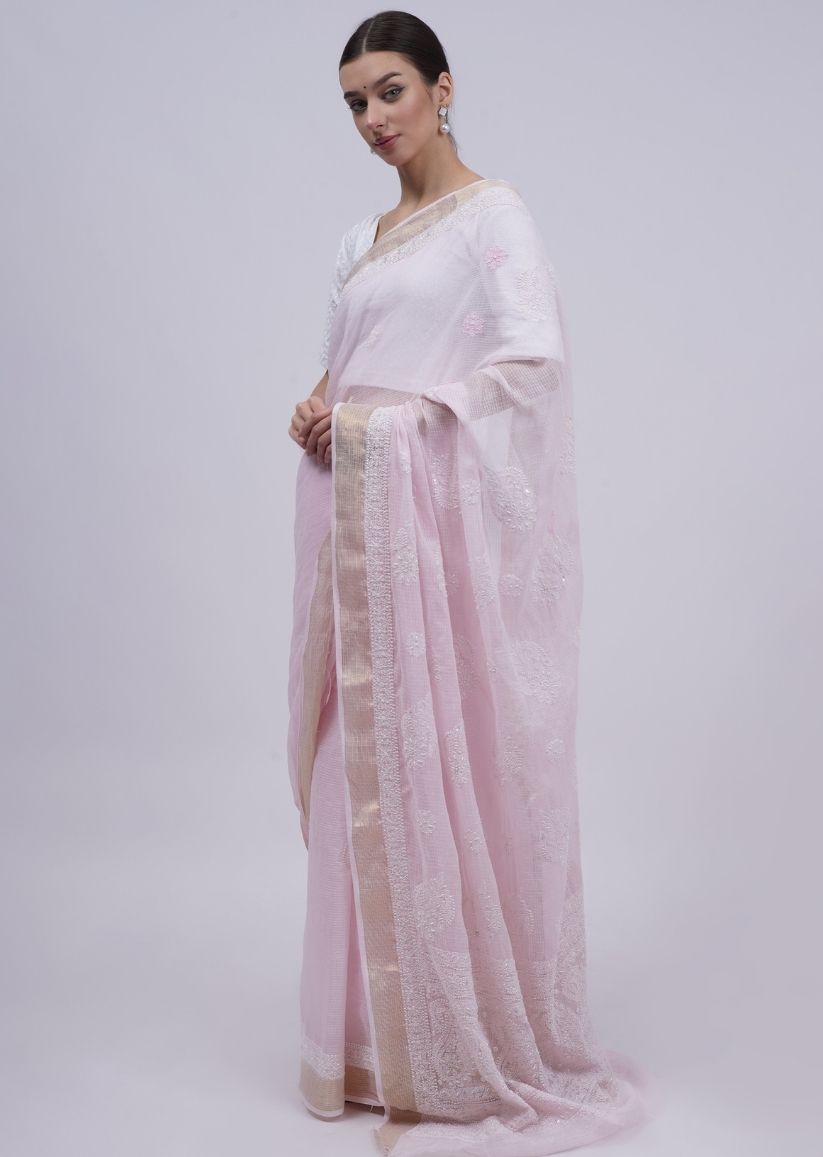 Firgun Baby Pink Lucknowi Chikankari Kota Doria Saree with Unstitched Blouse Piece