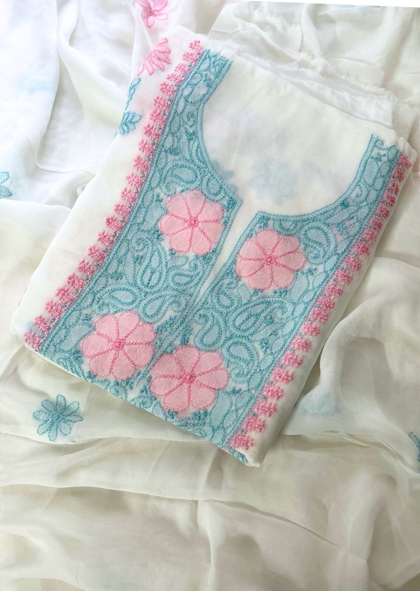 Firgun White Multi Colour Lucknowi Chikankari Viscose Georgette Unstitched Kurta & Dupatta Set