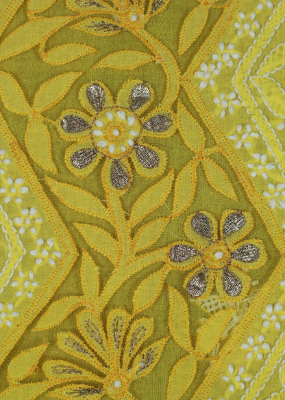Firgun Yellow Lucknowi Chikankari & Gotapatti Cotton Unstitched Kurta