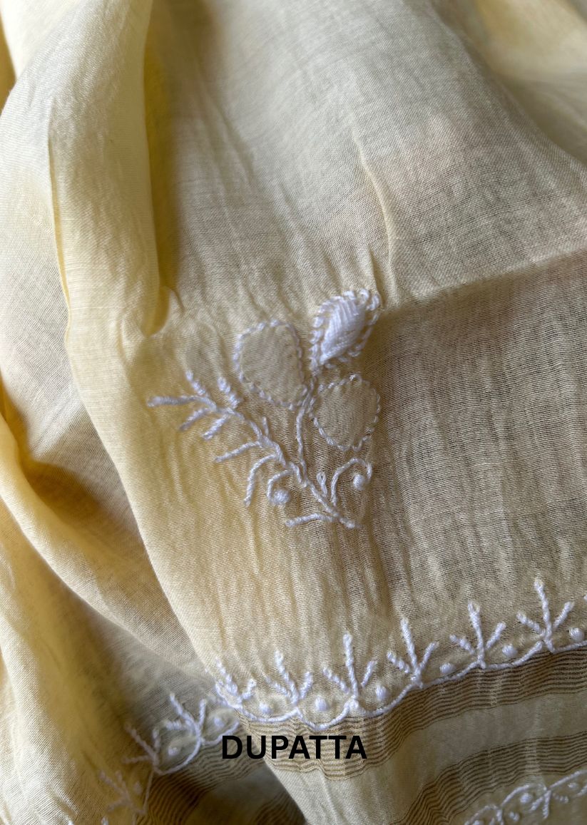 Firgun Pale Yellow Lucknowi Chikankari Mul Chanderi Unstitched Kurta & Dupatta Set
