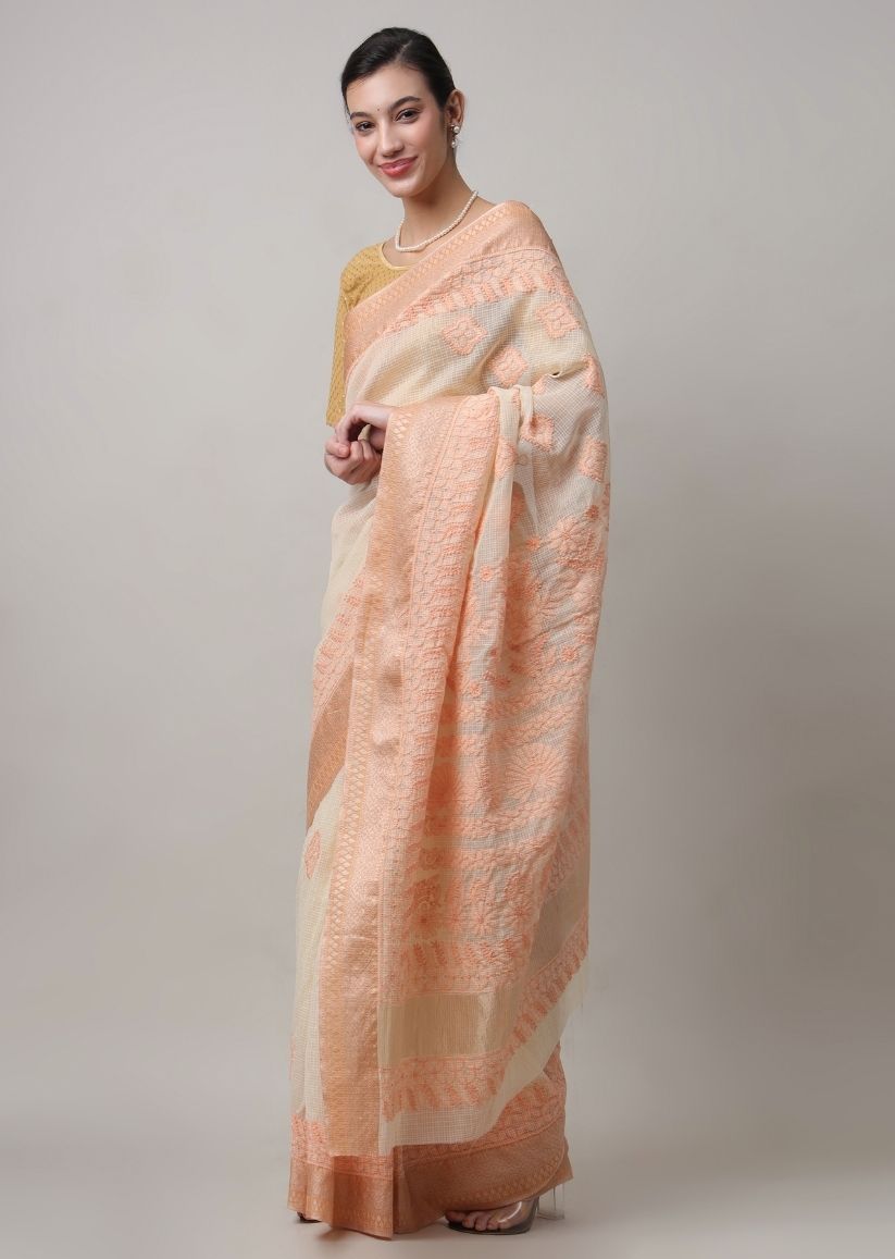 Firgun Beige Lucknowi Chikankari Cotton Saree with Unstitched Blouse Piece