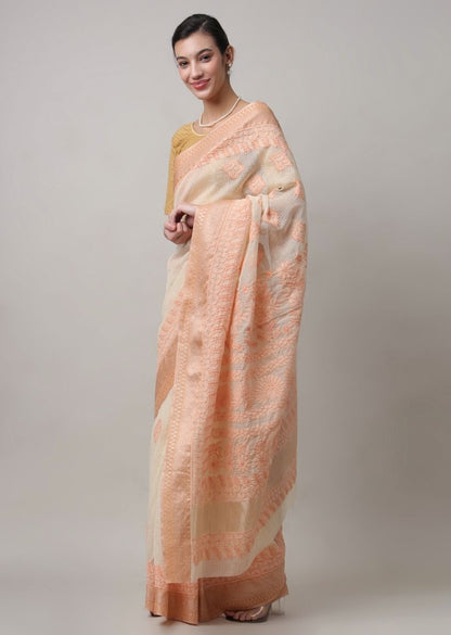Firgun Beige Lucknowi Chikankari Cotton Saree with Unstitched Blouse Piece