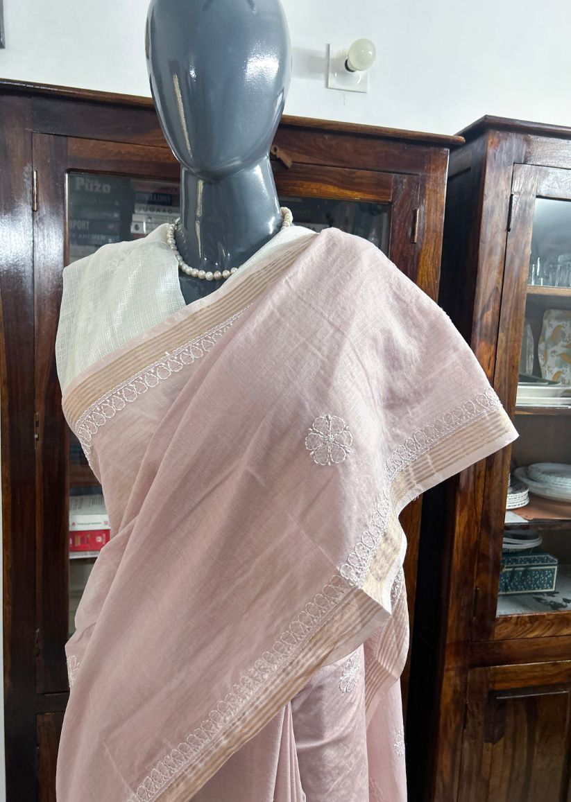 Firgun Rosy Brown Lucknowi Chikankari Mul Cotton Saree with Unstitched Blouse Piece