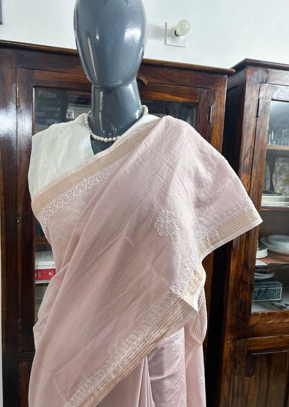 Firgun Rosy Brown Lucknowi Chikankari Mul Cotton Saree with Unstitched Blouse Piece