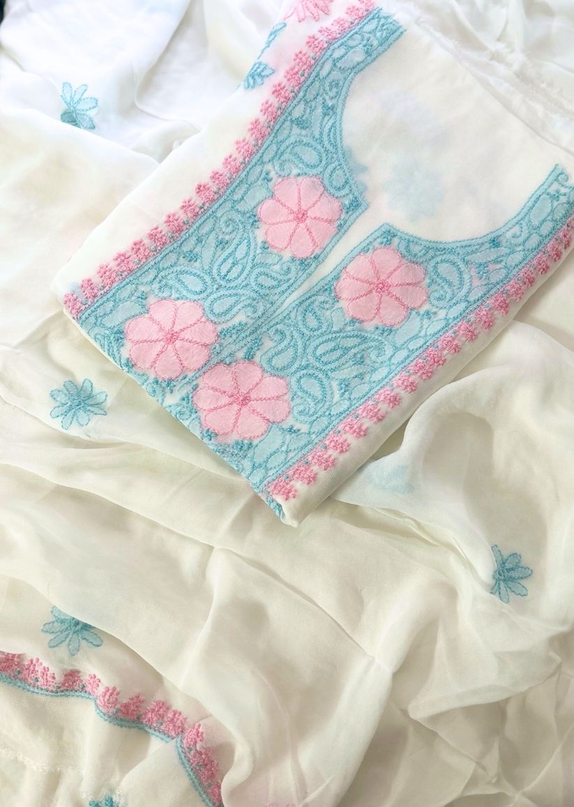 Firgun White Multi Colour Lucknowi Chikankari Viscose Georgette Unstitched Kurta & Dupatta Set