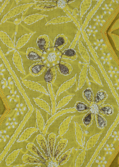 Firgun Yellow Lucknowi Chikankari & Gotapatti Cotton Unstitched Kurta