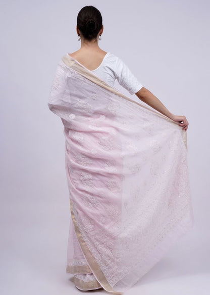 Firgun Baby Pink Lucknowi Chikankari Kota Doria Saree with Unstitched Blouse Piece