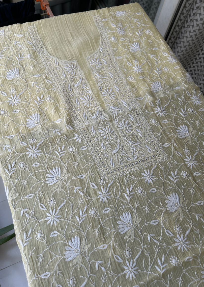 Firgun Pale Yellow Lucknowi Chikankari Mul Chanderi Unstitched Kurta & Dupatta Set