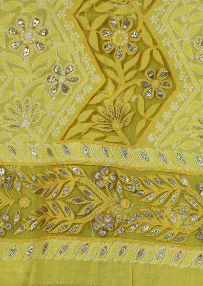 Firgun Yellow Lucknowi Chikankari & Gotapatti Cotton Unstitched Kurta