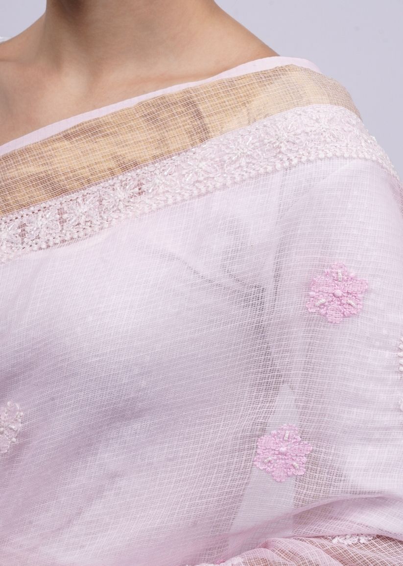 Firgun Baby Pink Lucknowi Chikankari Kota Doria Saree with Unstitched Blouse Piece