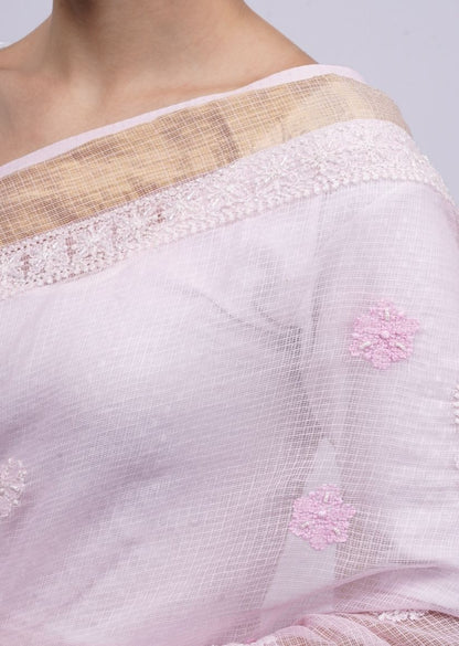 Firgun Baby Pink Lucknowi Chikankari Kota Doria Saree with Unstitched Blouse Piece