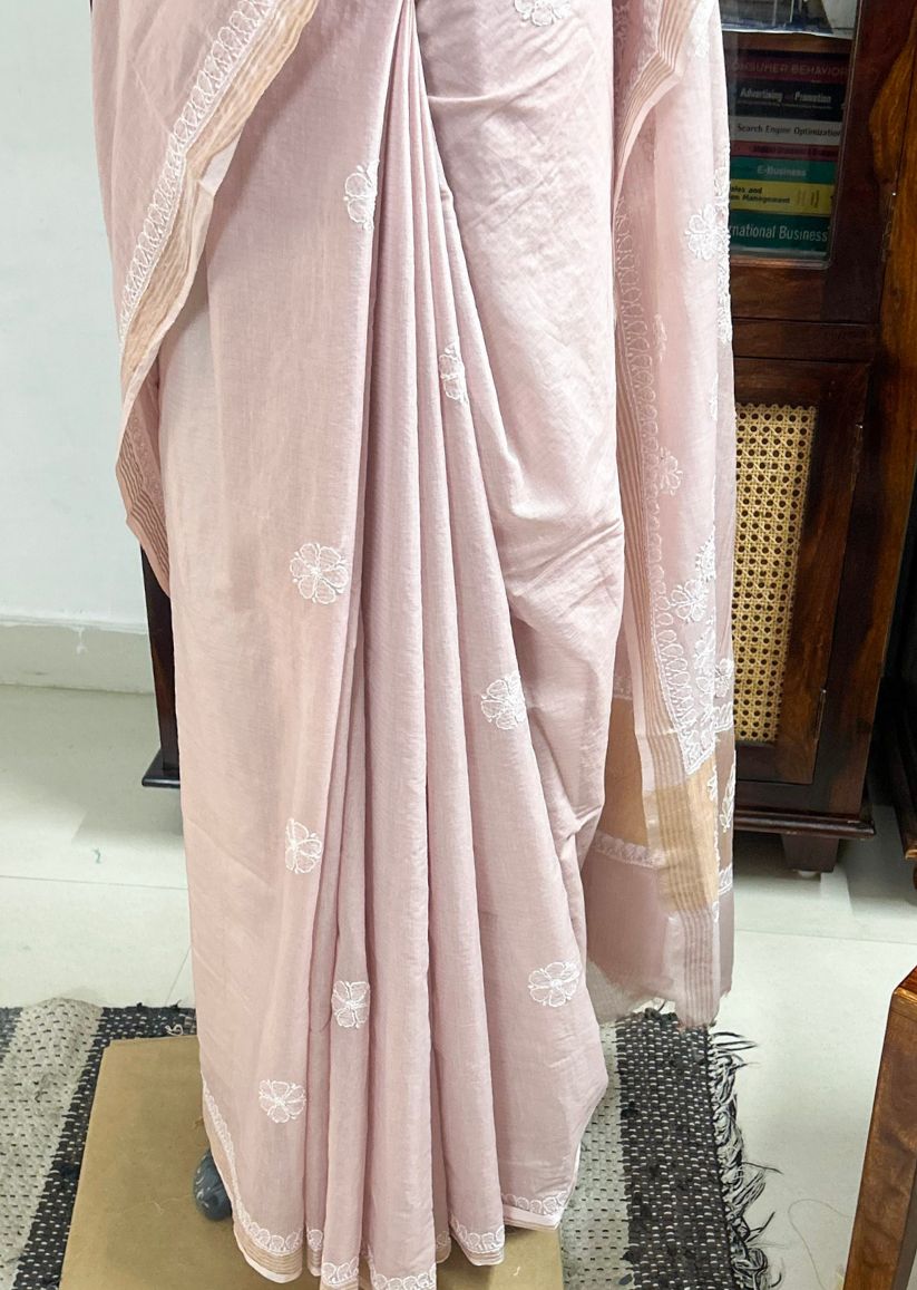 Firgun Rosy Brown Lucknowi Chikankari Mul Cotton Saree with Unstitched Blouse Piece