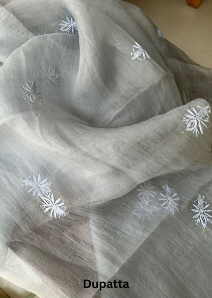 Firgun Grey Lucknowi Chikankari Pure Organza Unstitched Kurta & Dupatta Set