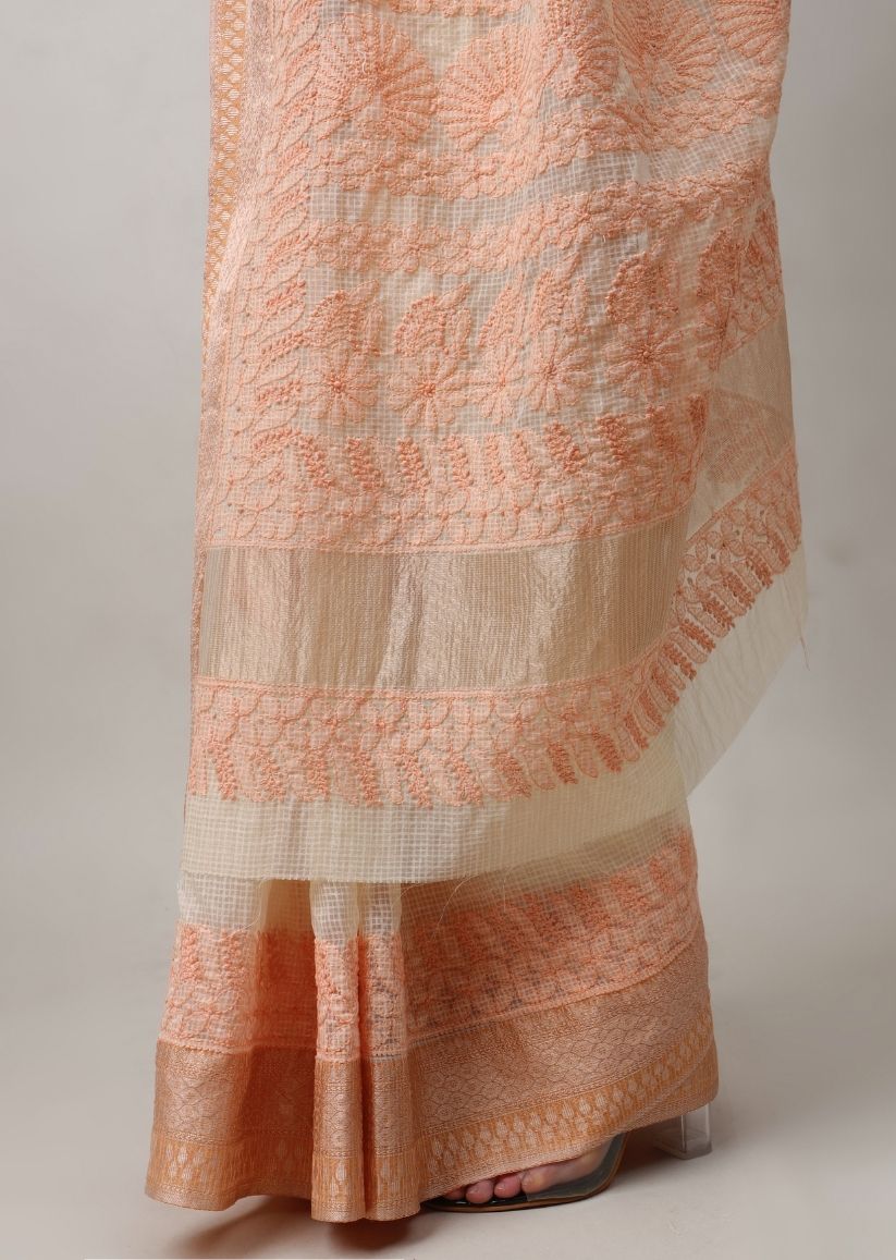 Firgun Beige Lucknowi Chikankari Cotton Saree with Unstitched Blouse Piece