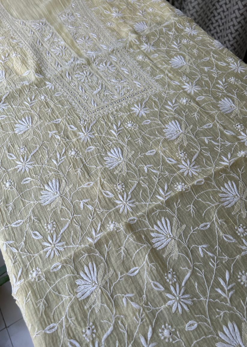 Firgun Pale Yellow Lucknowi Chikankari Mul Chanderi Unstitched Kurta & Dupatta Set