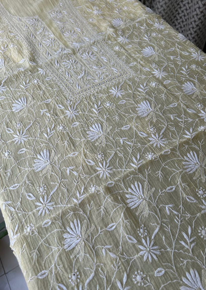 Firgun Pale Yellow Lucknowi Chikankari Mul Chanderi Unstitched Kurta & Dupatta Set