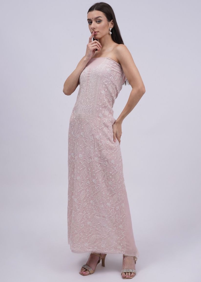 Firgun Pale Pink Lucknowi Chikankari Mul Chanderi Unstitched Kurta & Dupatta Set