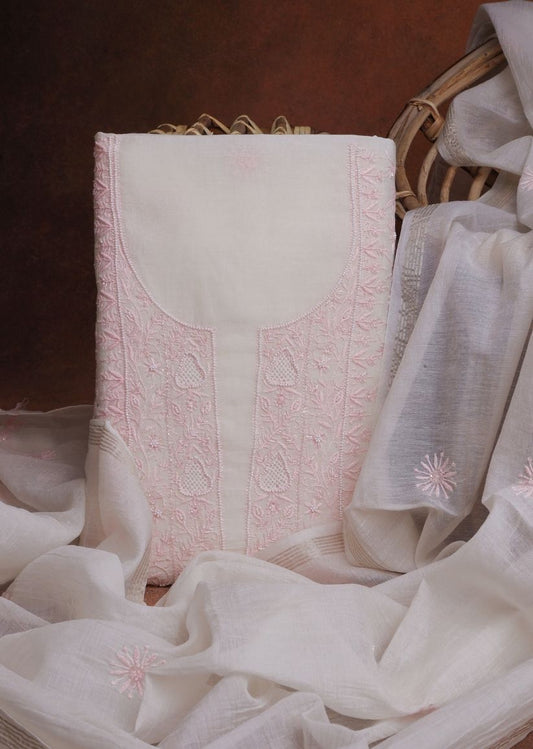 Firgun White & Pink Lucknowi Chikankari Mul Chanderi Unstitched Kurta & Dupatta Set