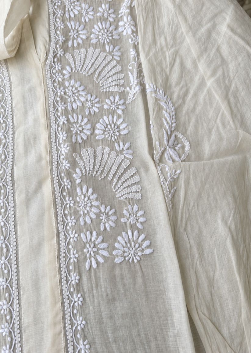 Firgun Cream Lucknowi Chikankari Mul Chanderi Semi-Stitched Shirt