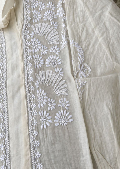 Firgun Cream Lucknowi Chikankari Mul Chanderi Semi-Stitched Shirt