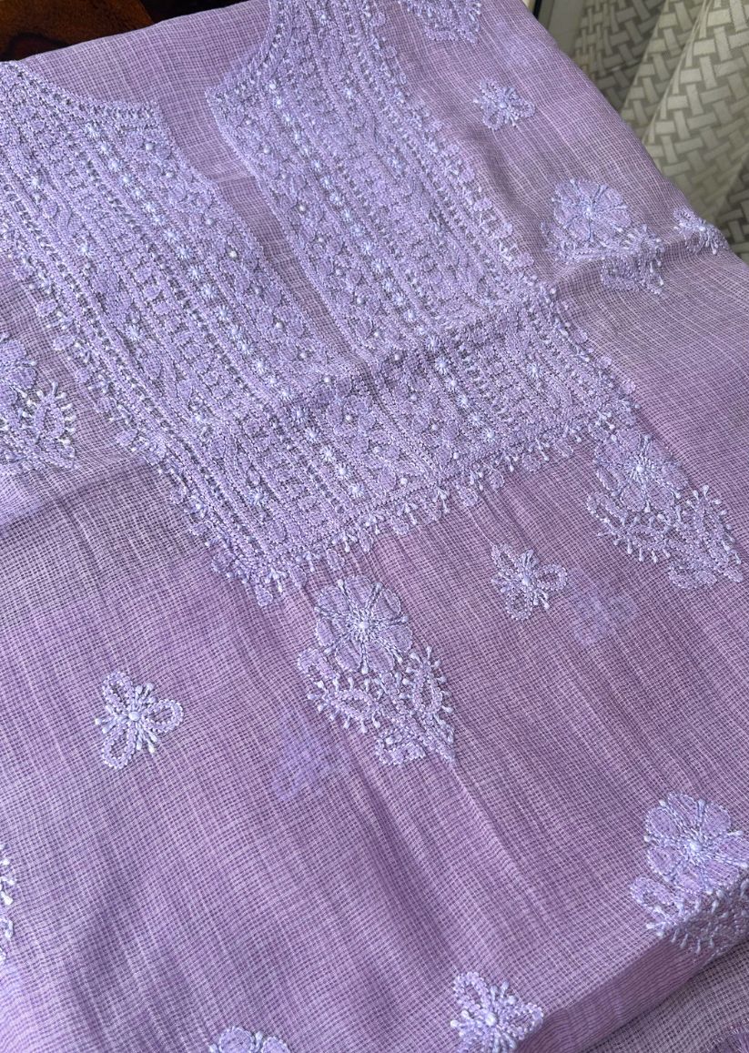 Firgun Royal Purple Lucknowi Chikankari Kota Unstitched Kurta & Dupatta Set
