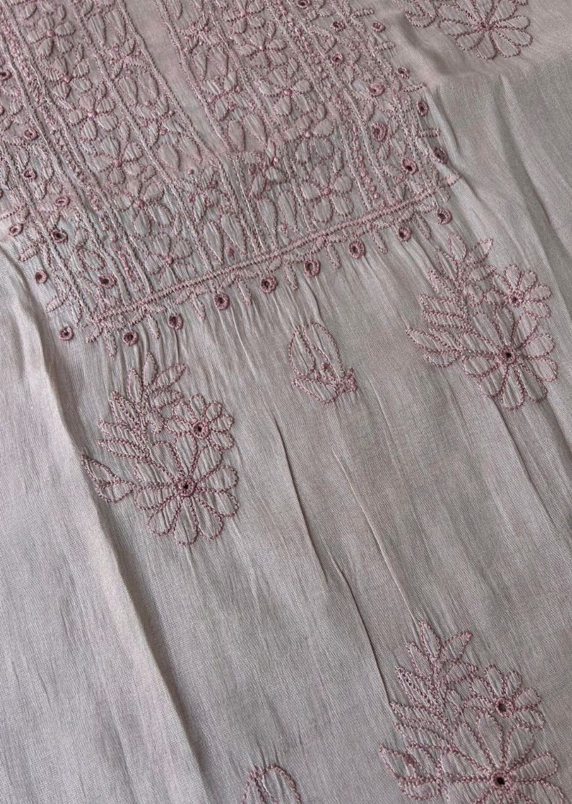 Firgun Rose Taupe Lucknowi Chikankari Chanderi Silver Tissue Kurta Dupatta Set