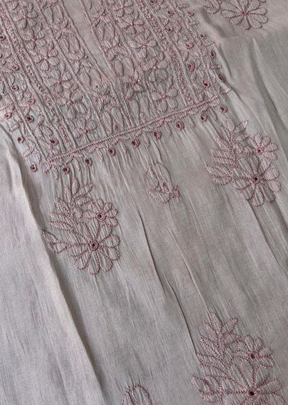 Firgun Rose Taupe Lucknowi Chikankari Chanderi Silver Tissue Kurta Dupatta Set