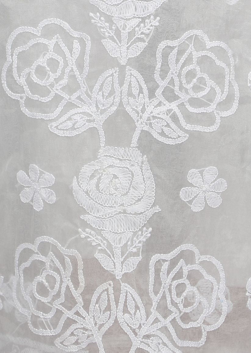 Firgun White Lucknowi Chikankari Organza Unstitched Kurta & Dupatta Set