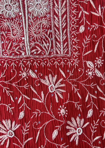 Firgun Red Lucknowi Chikankari Mul Chanderi Unstitched Kurta & Dupatta Set with Pearl & Cutdana Work