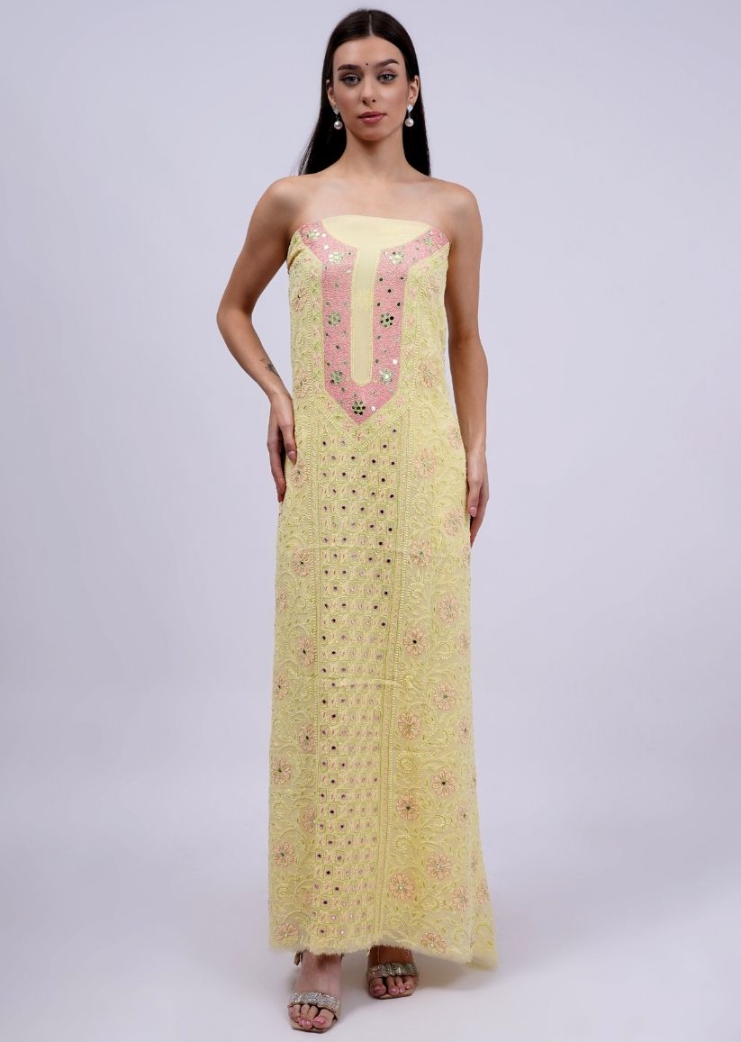 Firgun Lemon Lucknowi Chikankari Viscose Georgette Unstitched Kurta & Dupatta Set