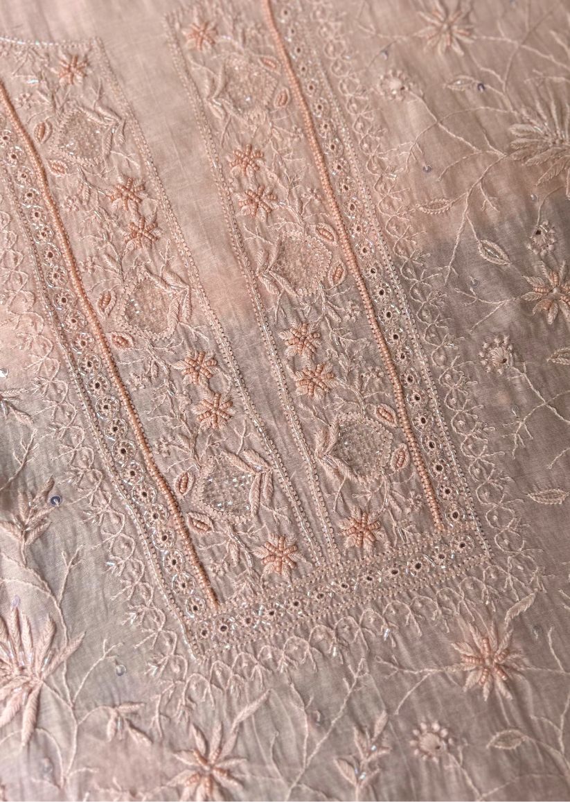 Firgun Peach Lucknowi Chikankari Mul Chanderi Unstitched Kurta & Dupatta Set with Pearl & Cutdana Work