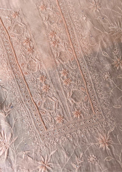 Firgun Peach Lucknowi Chikankari Mul Chanderi Unstitched Kurta & Dupatta Set with Pearl & Cutdana Work