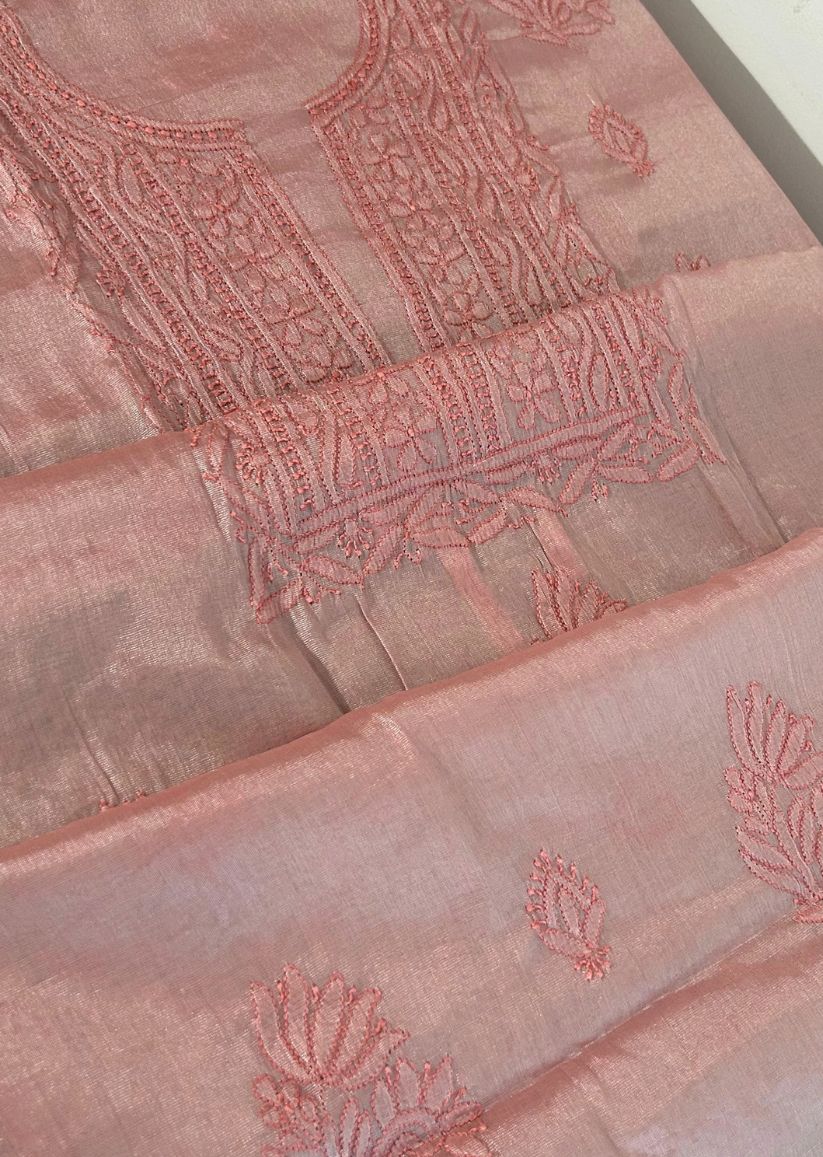 Firgun Red Lucknowi Chikankari Chanderi Silver Tissue Kurta Dupatta Set