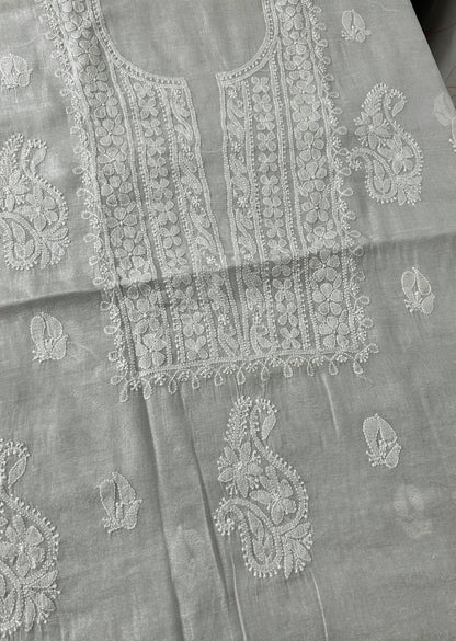 Firgun Silver Lucknowi Chikankari Chanderi Silver Tissue Kurta Dupatta Set