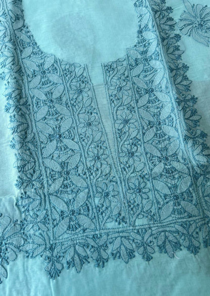 Firgun Blue Lucknowi Chikankari Cotton Unstitched Kurta