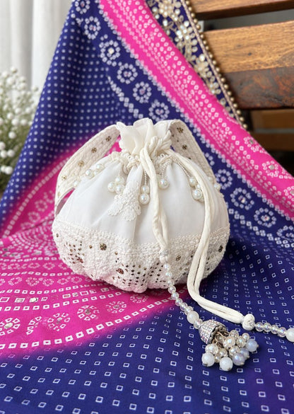 Firgun White Lucknowi Chikankari Viscose Georgette Small Potli Bag with Mukaish Work