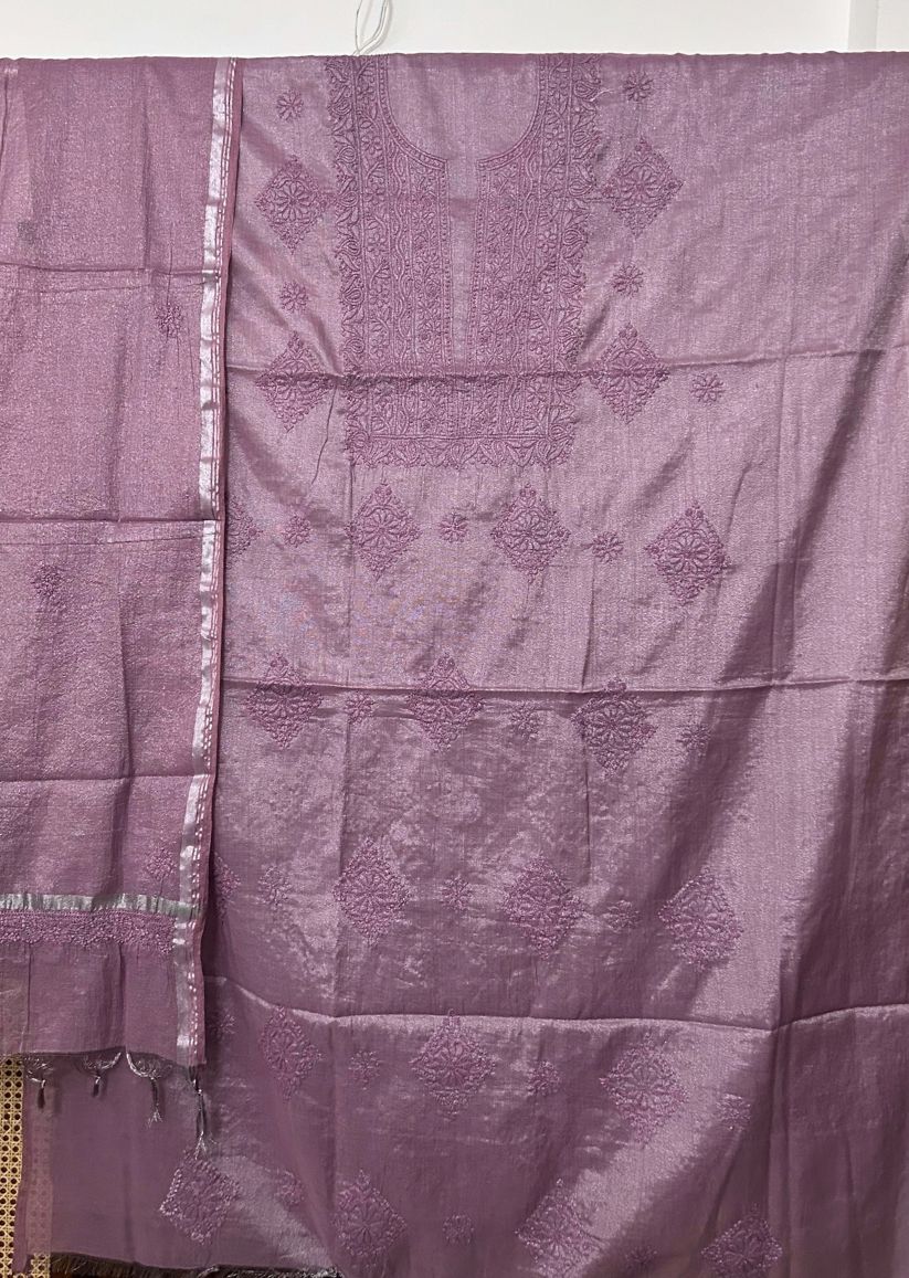 Firgun Dusty Mauve Lucknowi Chikankari Chanderi Silver Tissue Kurta Dupatta Set