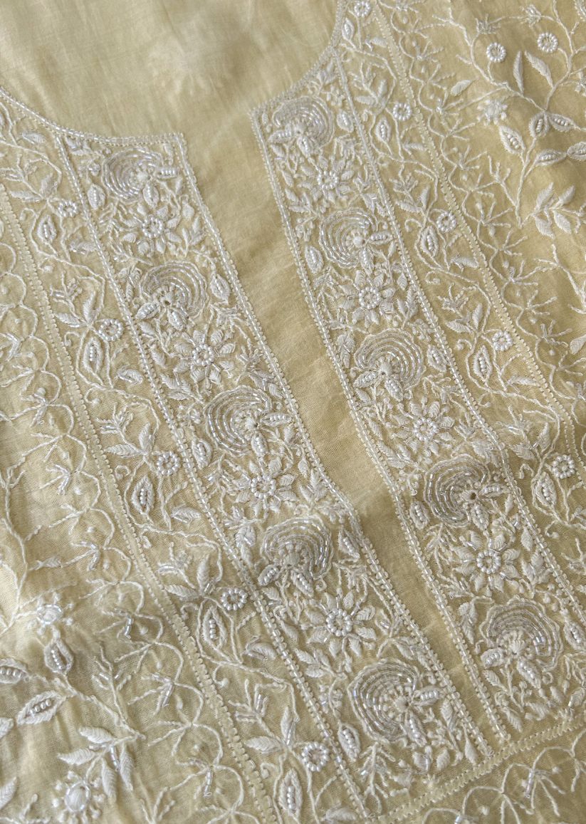 Firgun Butter Yellow Lucknowi Chikankari with Pearl & Cutdana Work Mul Chanderi Unstitched Kurta & Dupatta Set