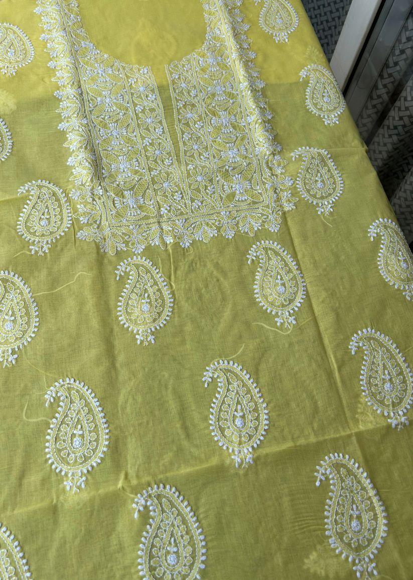 Firgun Yellow Lucknowi Chikankari Cotton Unstitched Kurta