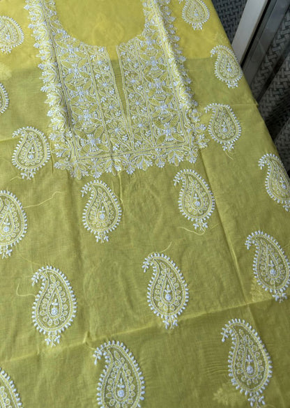 Firgun Yellow Lucknowi Chikankari Cotton Unstitched Kurta