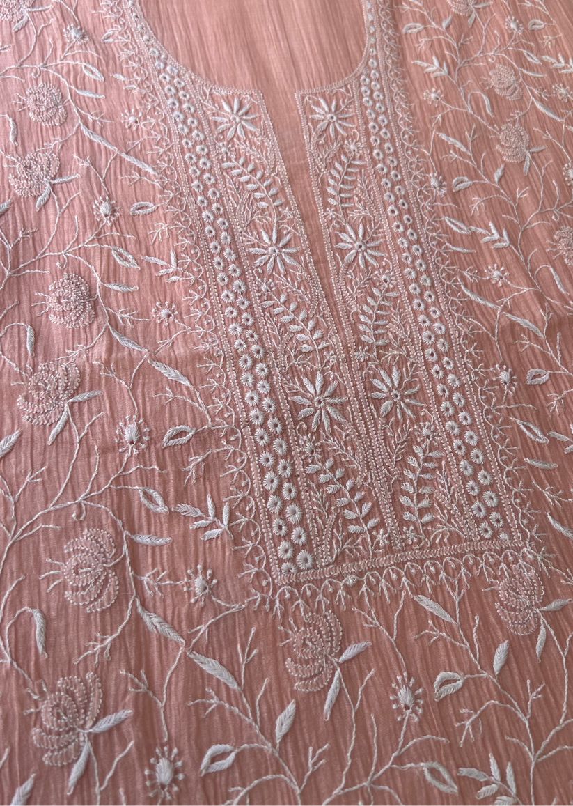 Firgun Peach Lucknowi Chikankari Mul Chanderi Unstitched Kurta & Dupatta Set