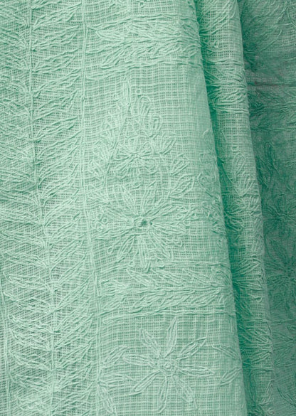 Firgun Hand Embroidered Mint Green Lucknowi Chikankari Kota Doria Tepchi Work Saree with Blouse Piece