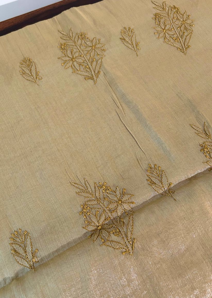 Firgun Mustard Lucknowi Chikankari Chanderi Silver Tissue Kurta Dupatta Set