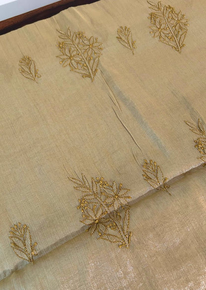 Firgun Mustard Lucknowi Chikankari Chanderi Silver Tissue Kurta Dupatta Set